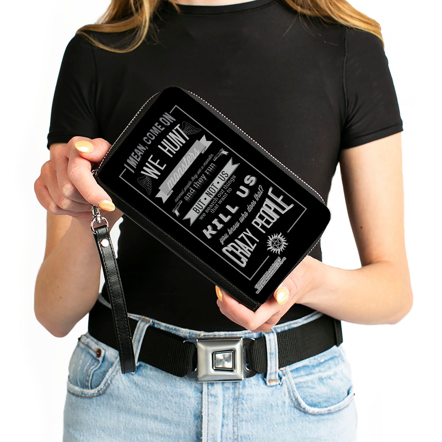 PU Zip Around Wallet Rectangle - Supernatural Dean CRAZY PEOPLE Quote/Winchester Pentagram Black/Grays