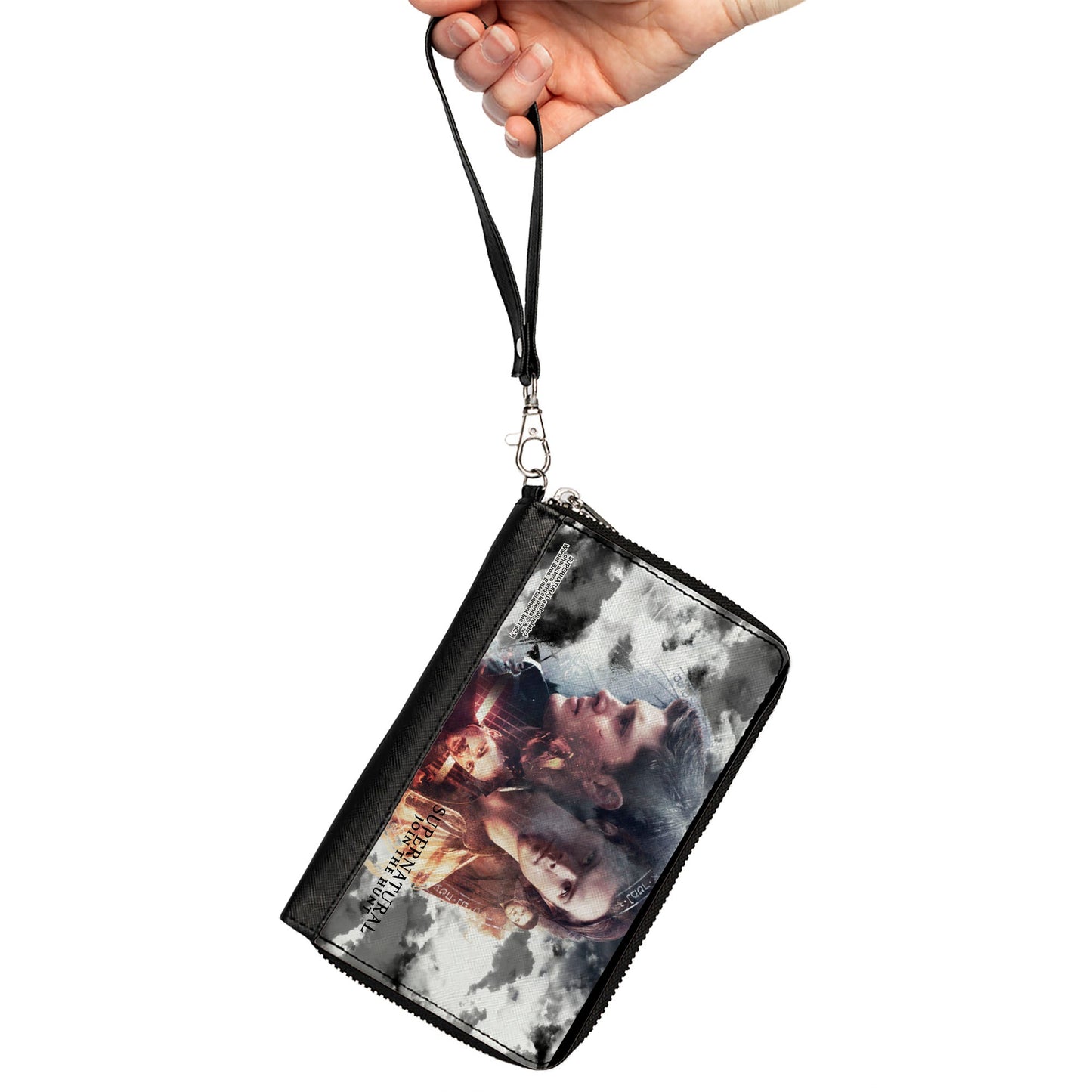 PU Zip Around Wallet Rectangle - Supernatural 4-Character Collage in Clouds Grays/Sepia
