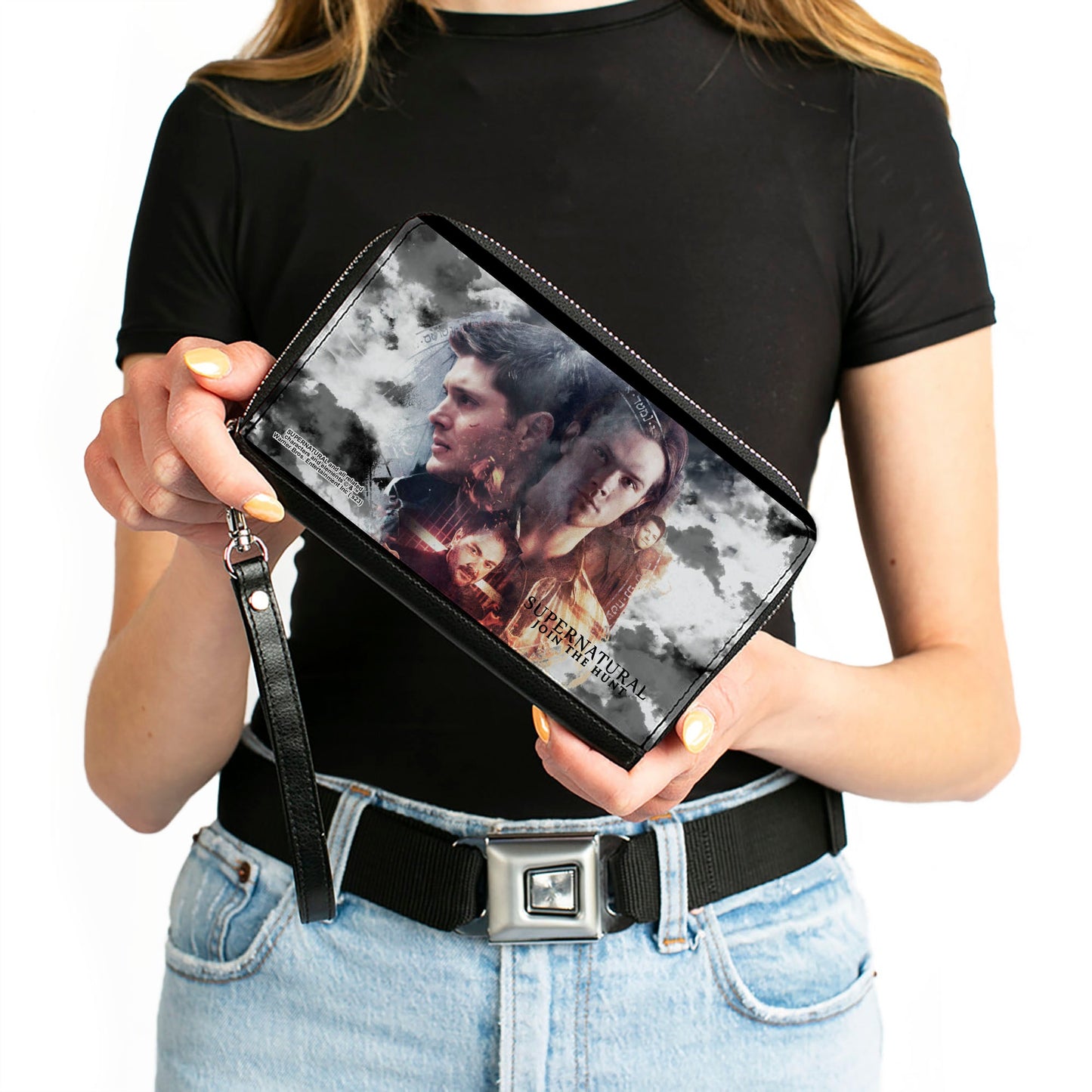 PU Zip Around Wallet Rectangle - Supernatural 4-Character Collage in Clouds Grays/Sepia