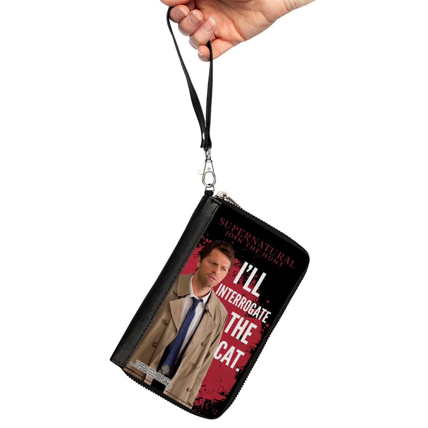 PU Zip Around Wallet Rectangle - Supernatural Castiel I'LL INTERROGATE THE CAT Black/Red/White