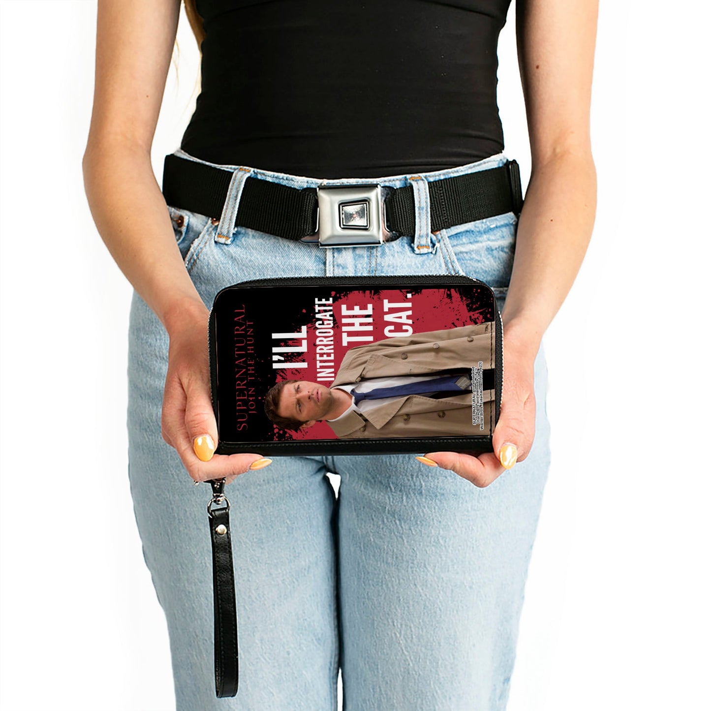 PU Zip Around Wallet Rectangle - Supernatural Castiel I'LL INTERROGATE THE CAT Black/Red/White