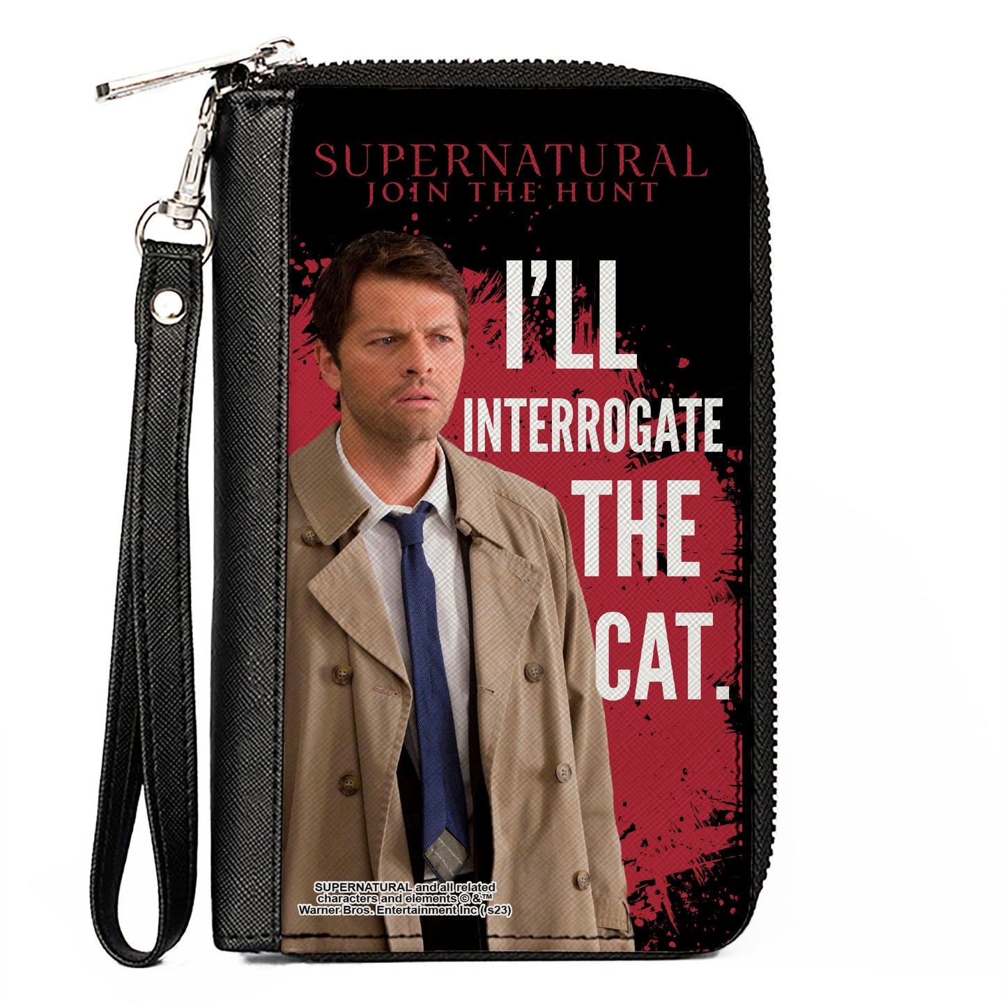 PU Zip Around Wallet Rectangle - Supernatural Castiel I'LL INTERROGATE THE CAT Black/Red/White
