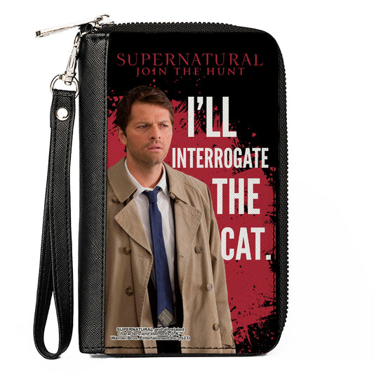 PU Zip Around Wallet Rectangle - Supernatural Castiel I'LL INTERROGATE THE CAT Black/Red/White