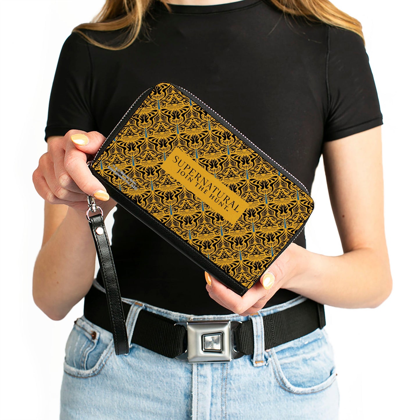 PU Zip Around Wallet Rectangle - SUPERNATURAL JOIN THE HUNT Title Logo and CASTIEL Wings Repeat Yellow/Black