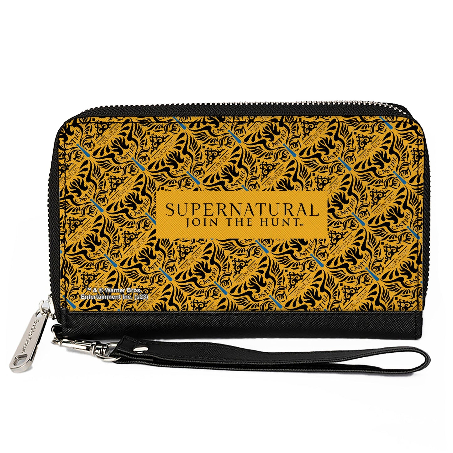 PU Zip Around Wallet Rectangle - SUPERNATURAL JOIN THE HUNT Title Logo and CASTIEL Wings Repeat Yellow/Black