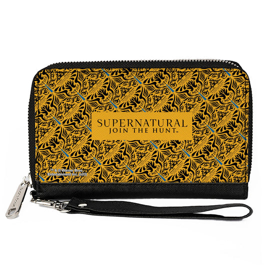 PU Zip Around Wallet Rectangle - SUPERNATURAL JOIN THE HUNT Title Logo and CASTIEL Wings Repeat Yellow/Black