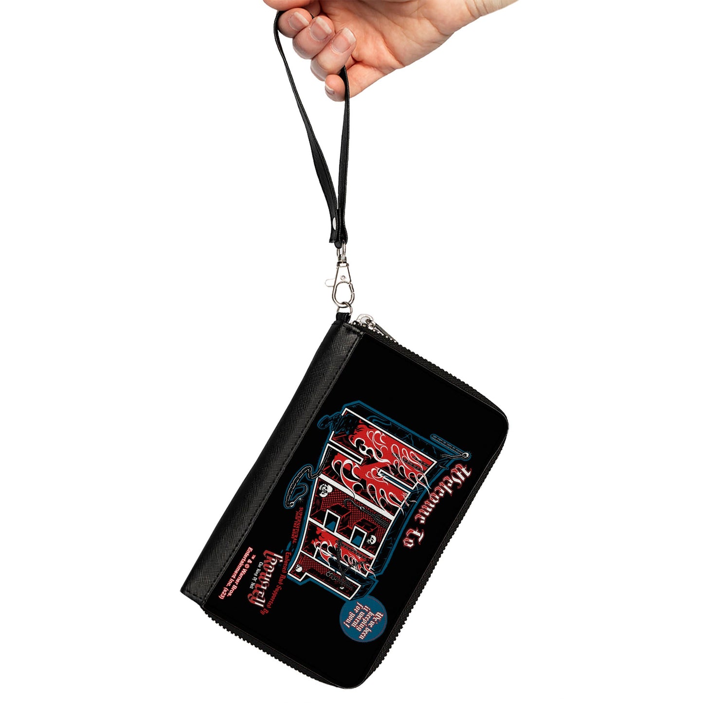 PU Zip Around Wallet Rectangle - Supernatural Crowley WELCOME TO HELL Flames Skulls and Chains Black/Blue/Red/White