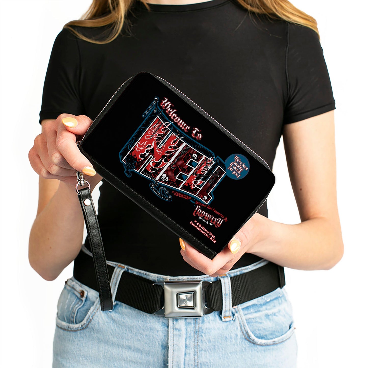 PU Zip Around Wallet Rectangle - Supernatural Crowley WELCOME TO HELL Flames Skulls and Chains Black/Blue/Red/White