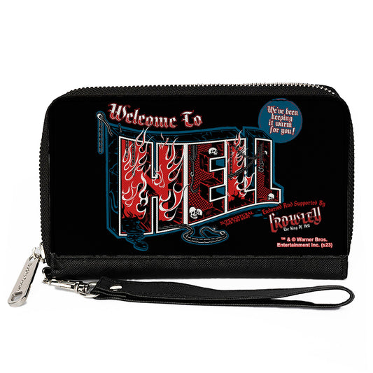 PU Zip Around Wallet Rectangle - Supernatural Crowley WELCOME TO HELL Flames Skulls and Chains Black/Blue/Red/White