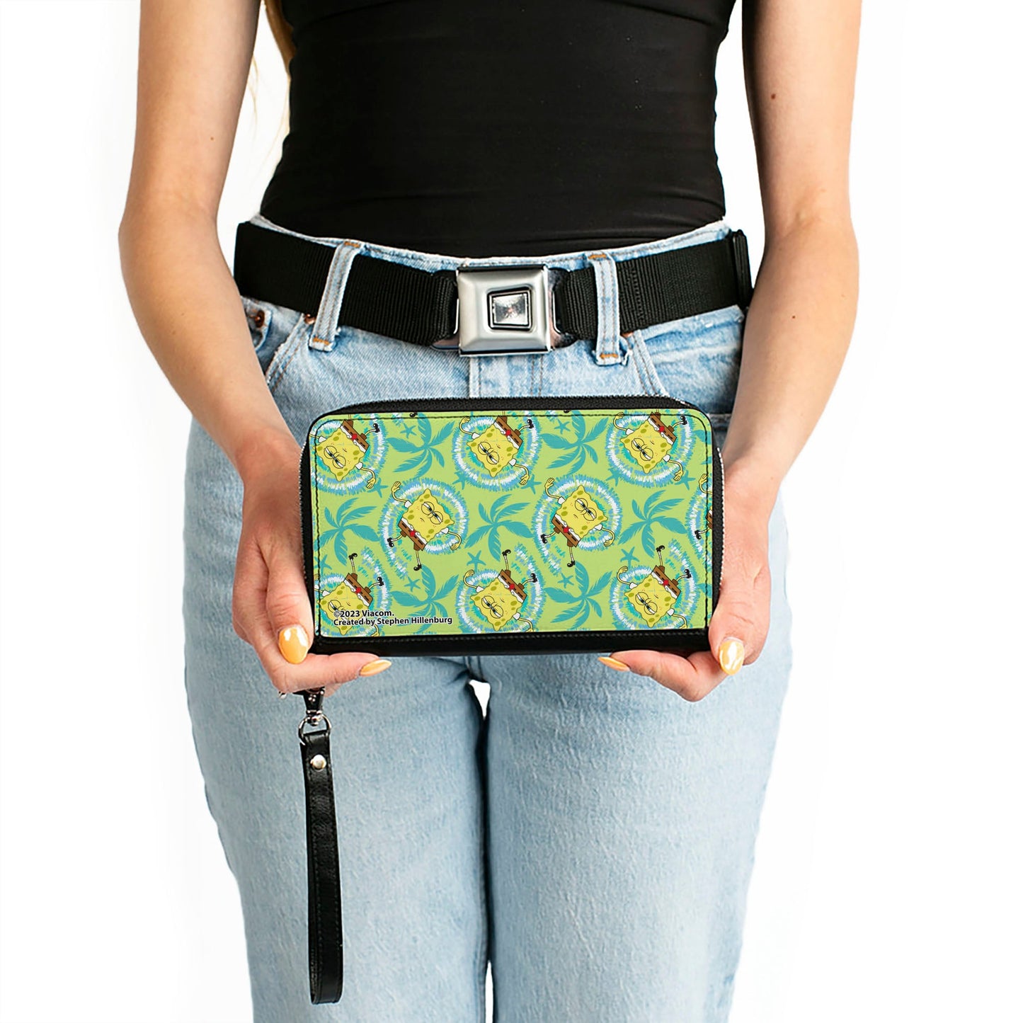 PU Zip Around Wallet Rectangle - SpongeBob Wavy Noodle Arm Pose Tropical Tie Dye Green/Blue/White