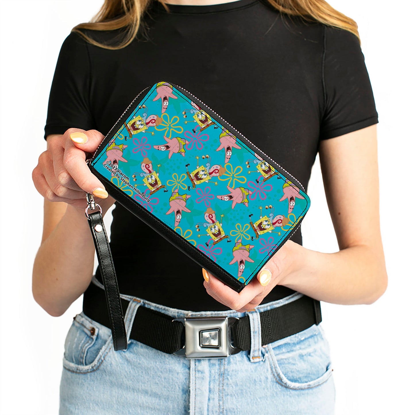 PU Zip Around Wallet Rectangle - SpongeBob Patrick and Gary Joy Poses and Flowers Scattered Blue