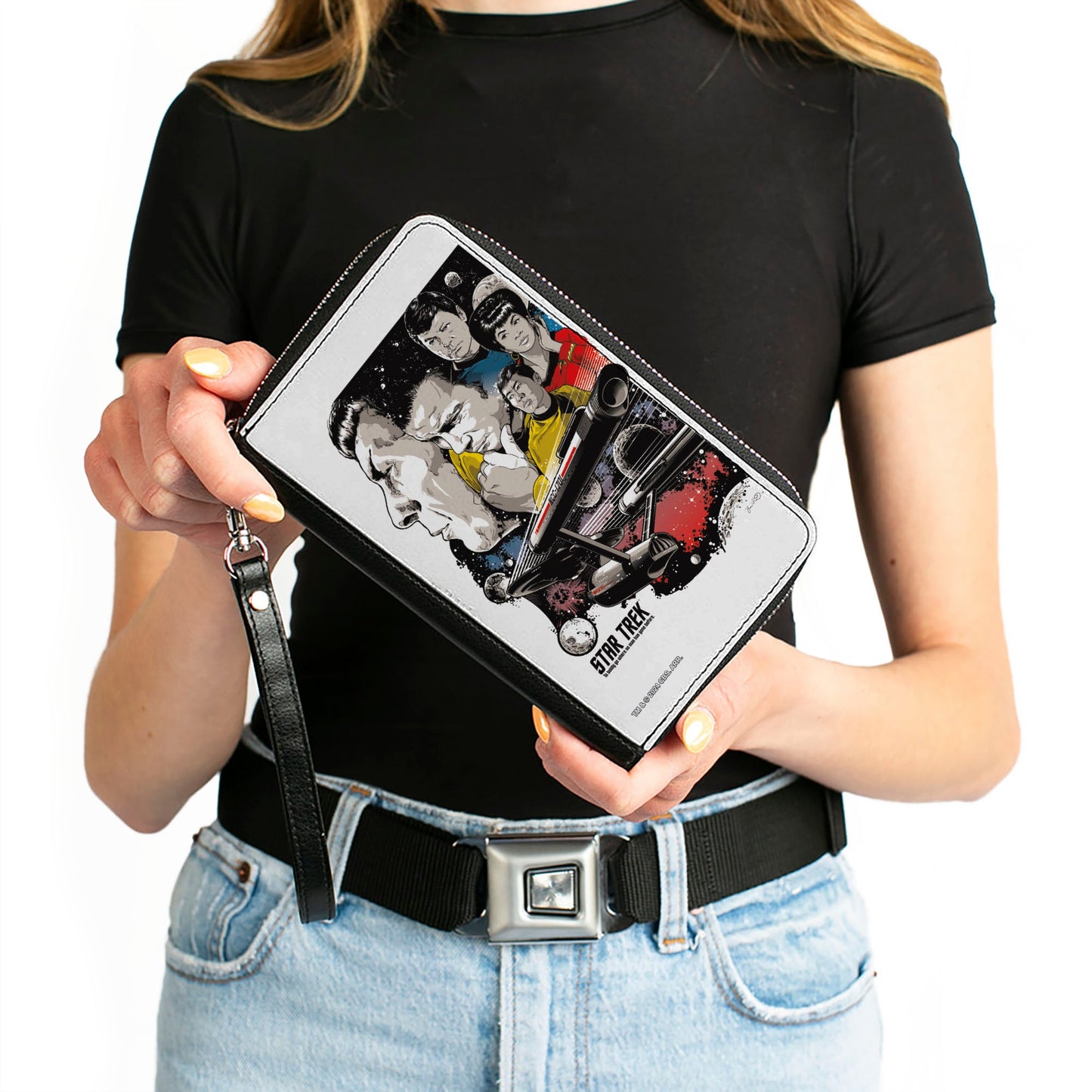 PU Zip Around Wallet Rectangle - Classic Star Trek Crew and Enterprise Poster White/Multi Color