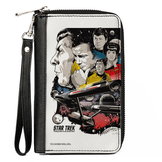 PU Zip Around Wallet Rectangle - Classic Star Trek Crew and Enterprise Poster White/Multi Color