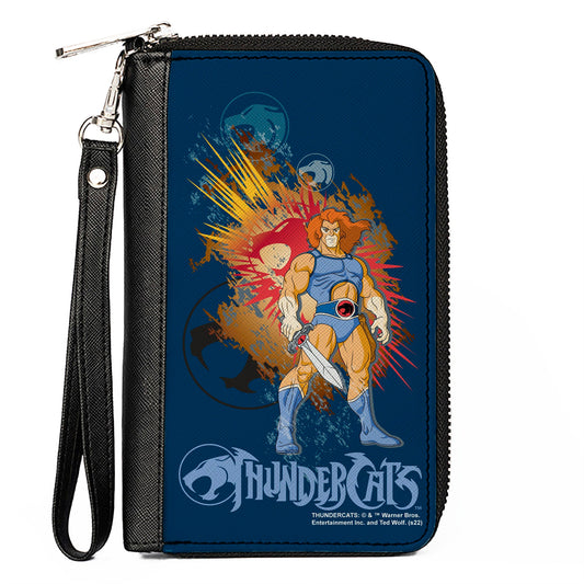 PU Zip Around Wallet Rectangle - THUNDERCATS Classic Series Lion-O Pose and Logos Blue Multi Color