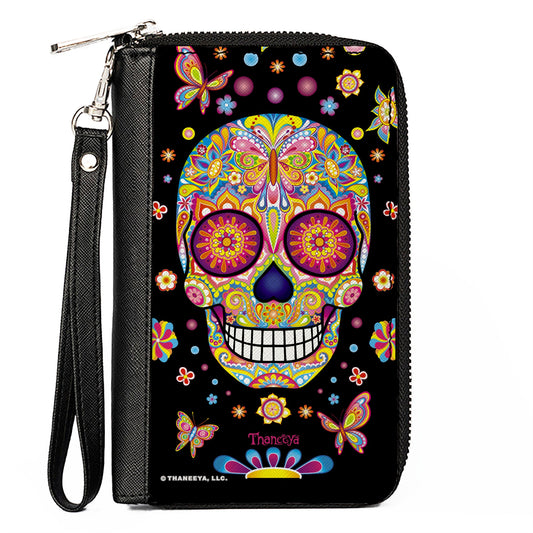 PU Zip Around Wallet Rectangle - Mariposa Calaveras/Butterflies/Flowers Black/Multi Color