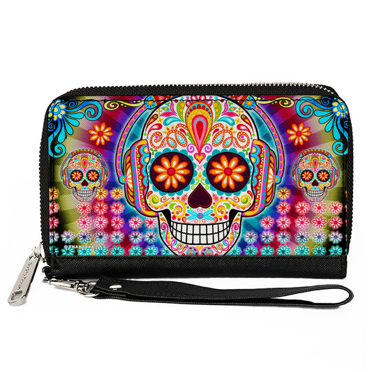 PU Zip Around Wallet Rectangle - Tranquility Beats Calaveras & Flowers/Rays Black/Multi Color