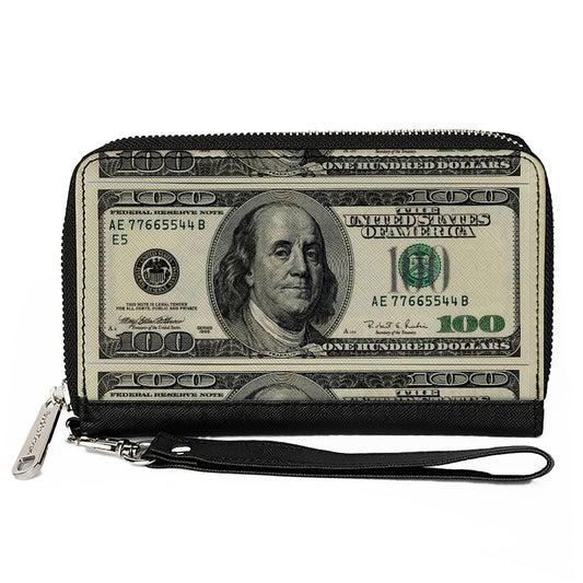 PU Zip Around Wallet Rectangle - 100 Dollar Bills