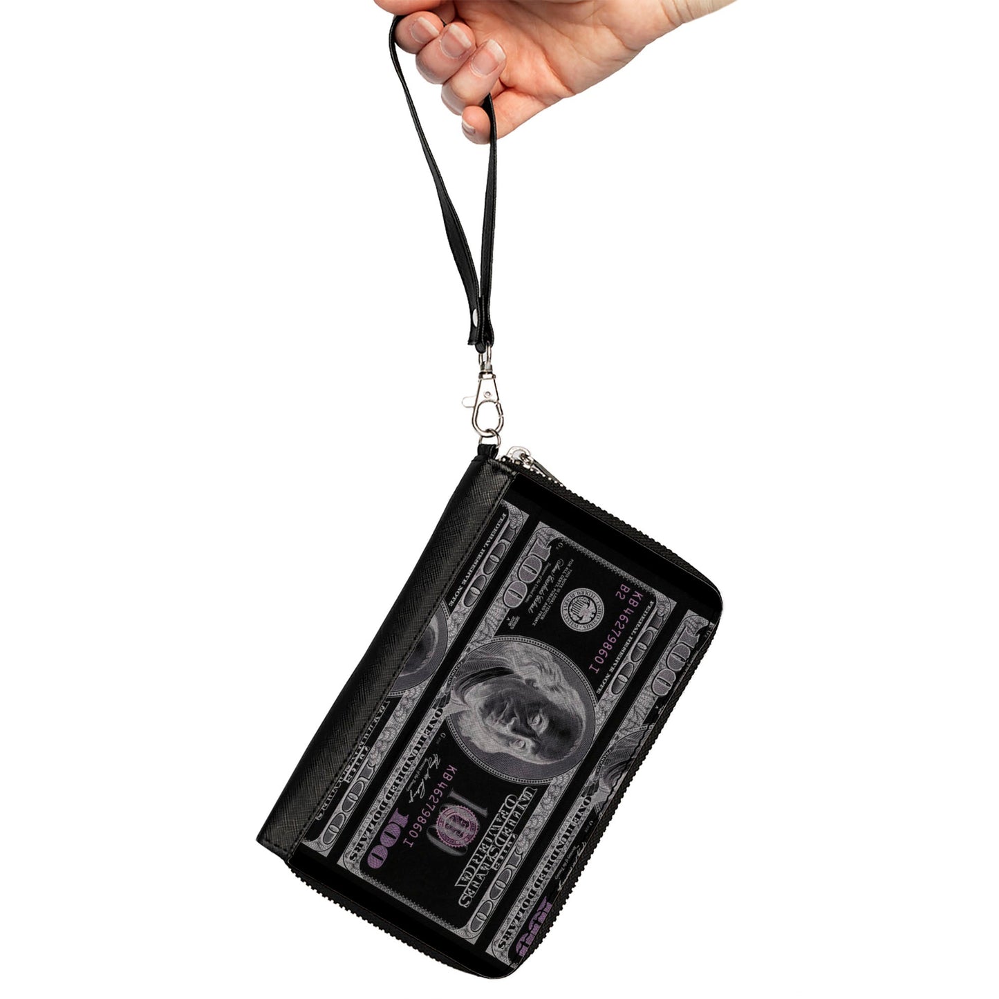 PU Zip Around Wallet Rectangle - 100 Dollar Bill X-Ray Black/White