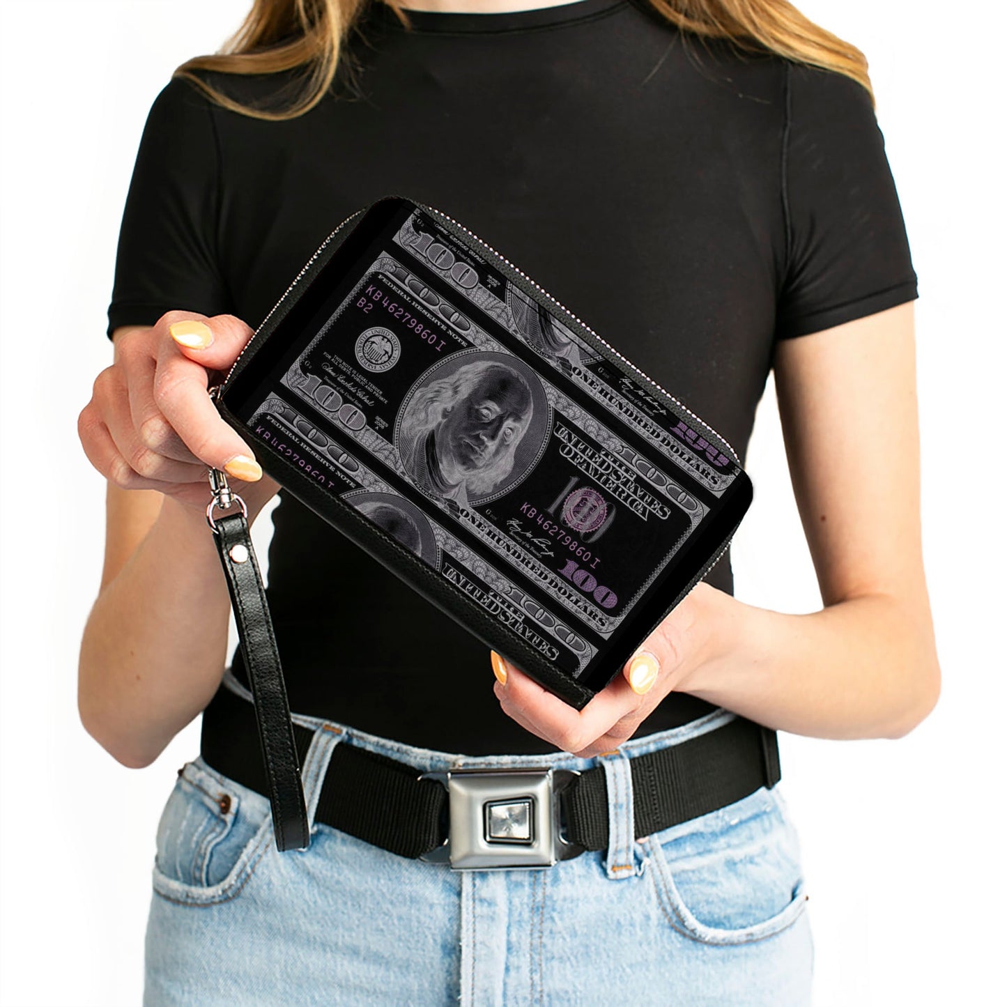 PU Zip Around Wallet Rectangle - 100 Dollar Bill X-Ray Black/White