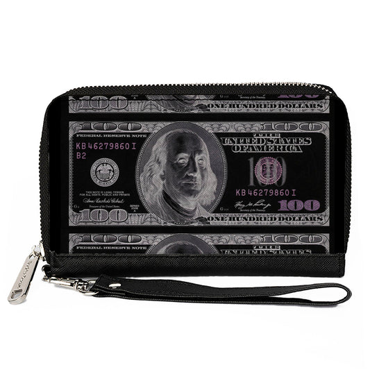 PU Zip Around Wallet Rectangle - 100 Dollar Bill X-Ray Black/White