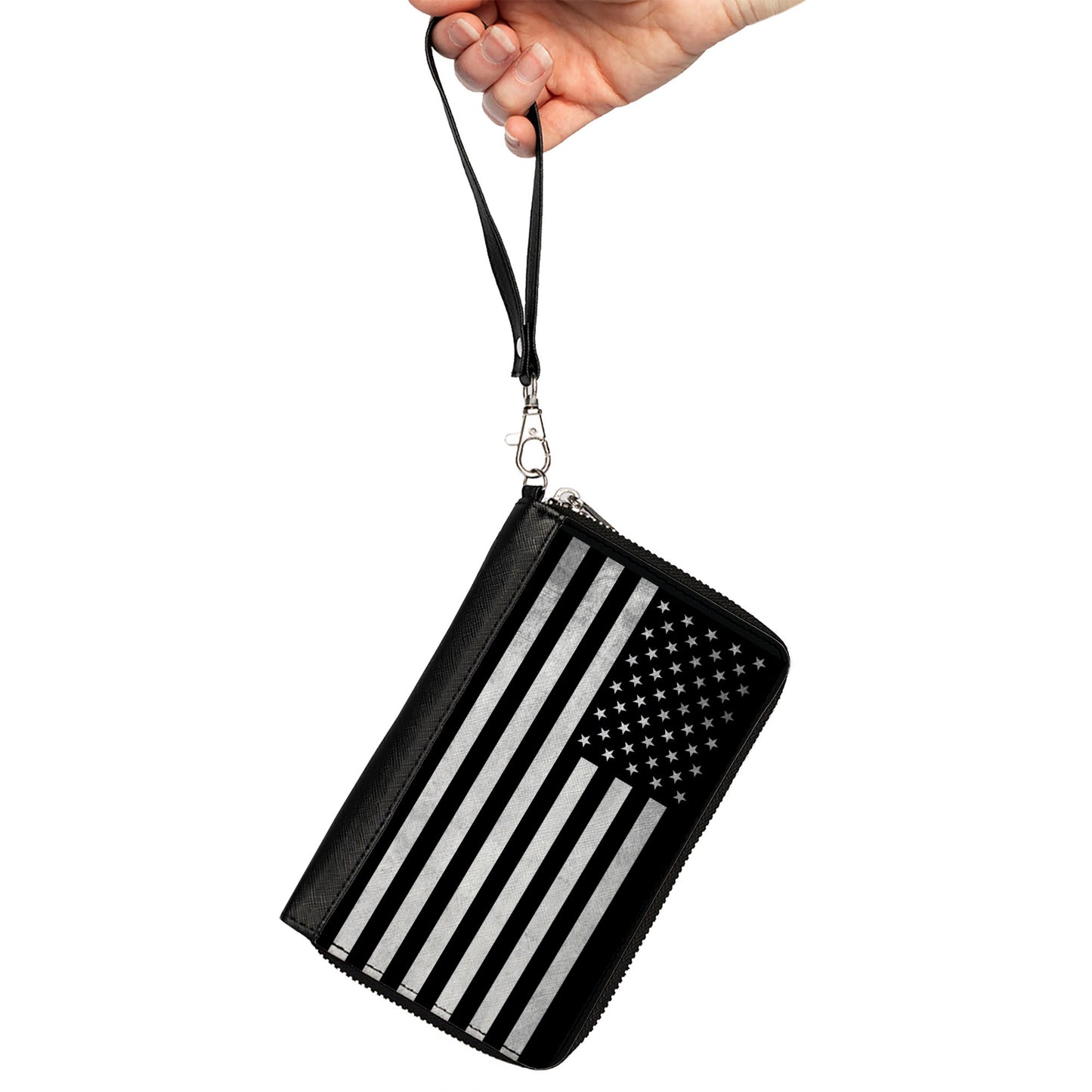 PU Zip Around Wallet Rectangle - American Flag Weathered Black/White Single