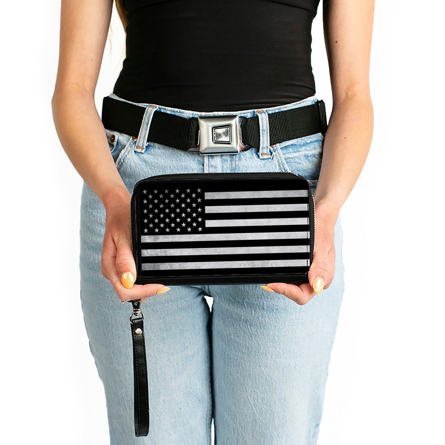 PU Zip Around Wallet Rectangle - American Flag Weathered Black/White Single