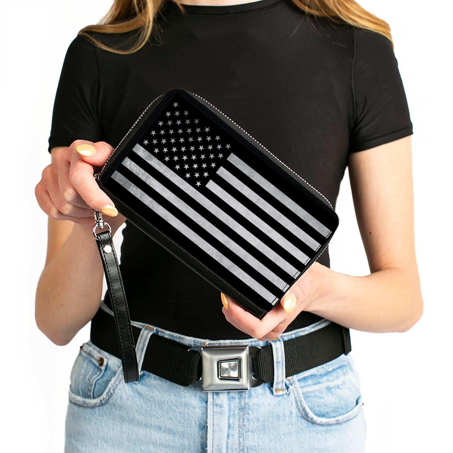PU Zip Around Wallet Rectangle - American Flag Weathered Black/White Single