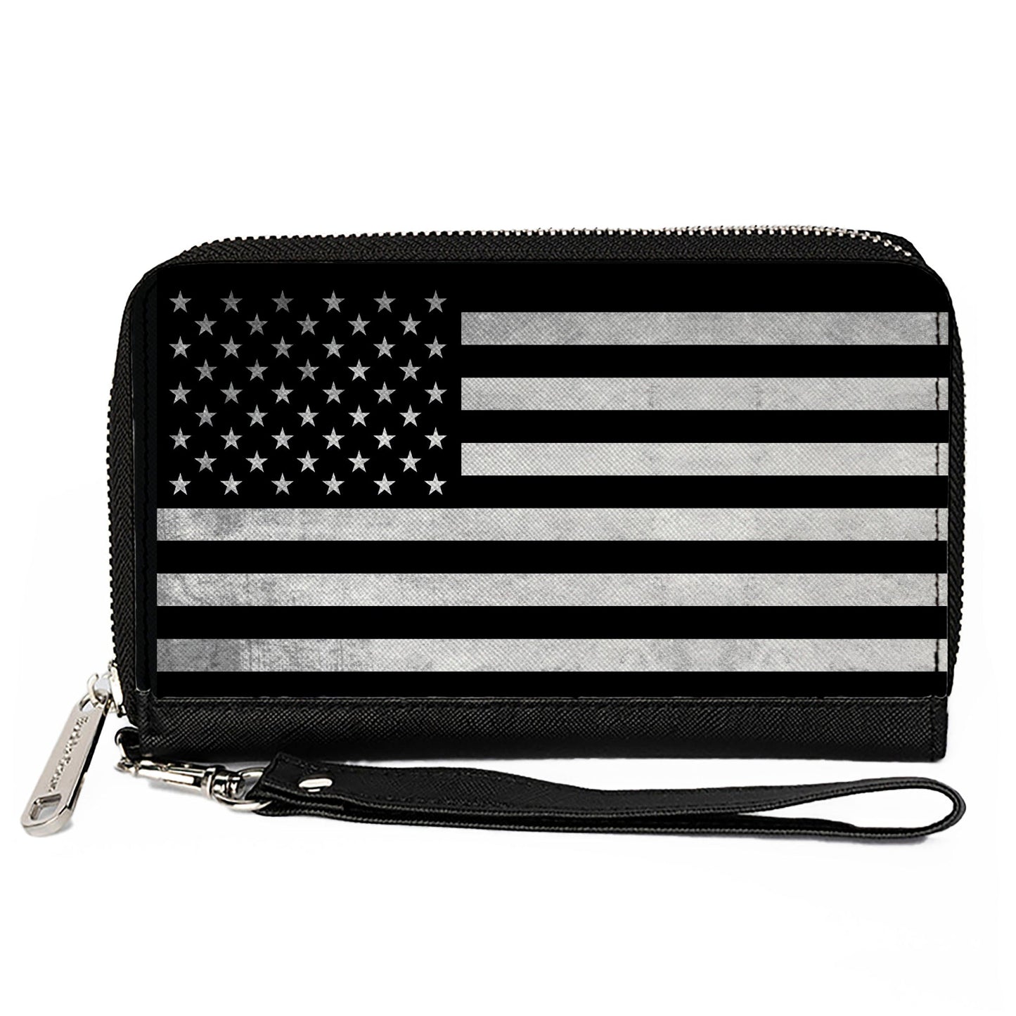 PU Zip Around Wallet Rectangle - American Flag Weathered Black/White Single
