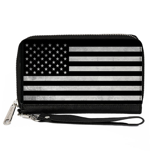 PU Zip Around Wallet Rectangle - American Flag Weathered Black/White Single