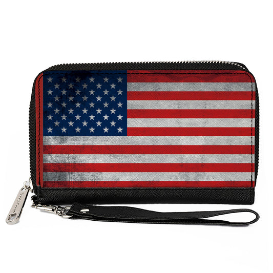 PU Zip Around Wallet Rectangle - American Flag Distressed Single
