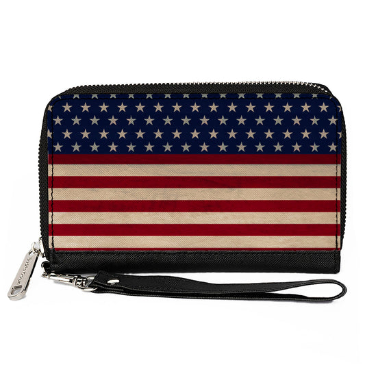 PU Zip Around Wallet Rectangle - American Flag Stripe