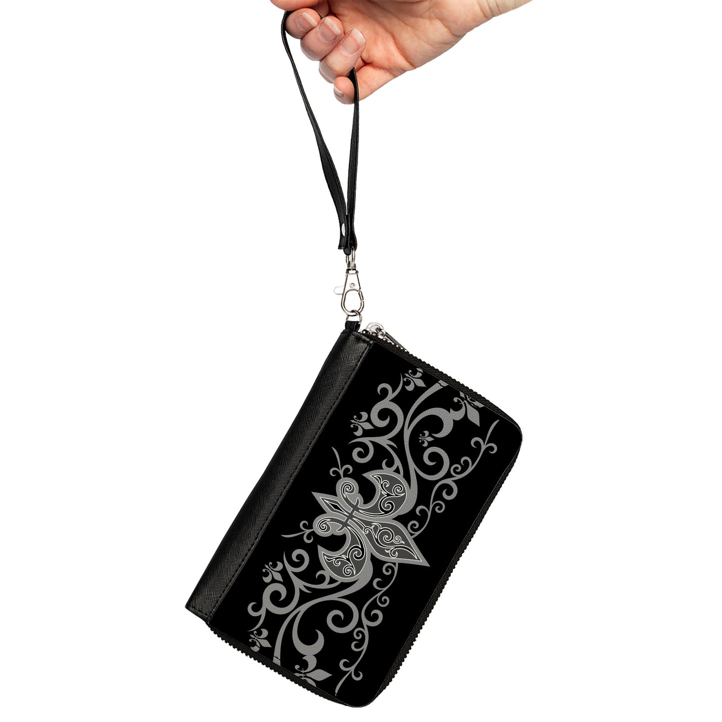 PU Zip Around Wallet Rectangle - Fleur-de-Lis w/Filigree Black/Gray