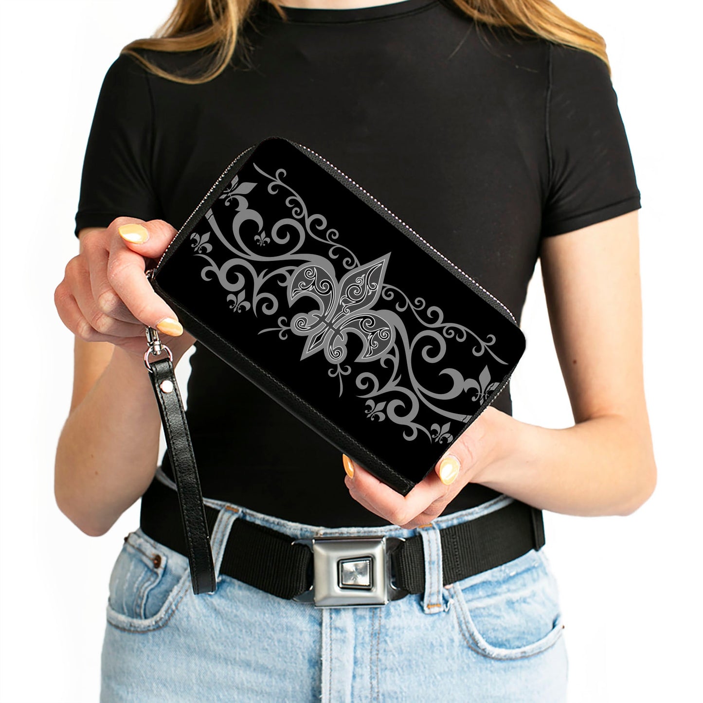 PU Zip Around Wallet Rectangle - Fleur-de-Lis w/Filigree Black/Gray
