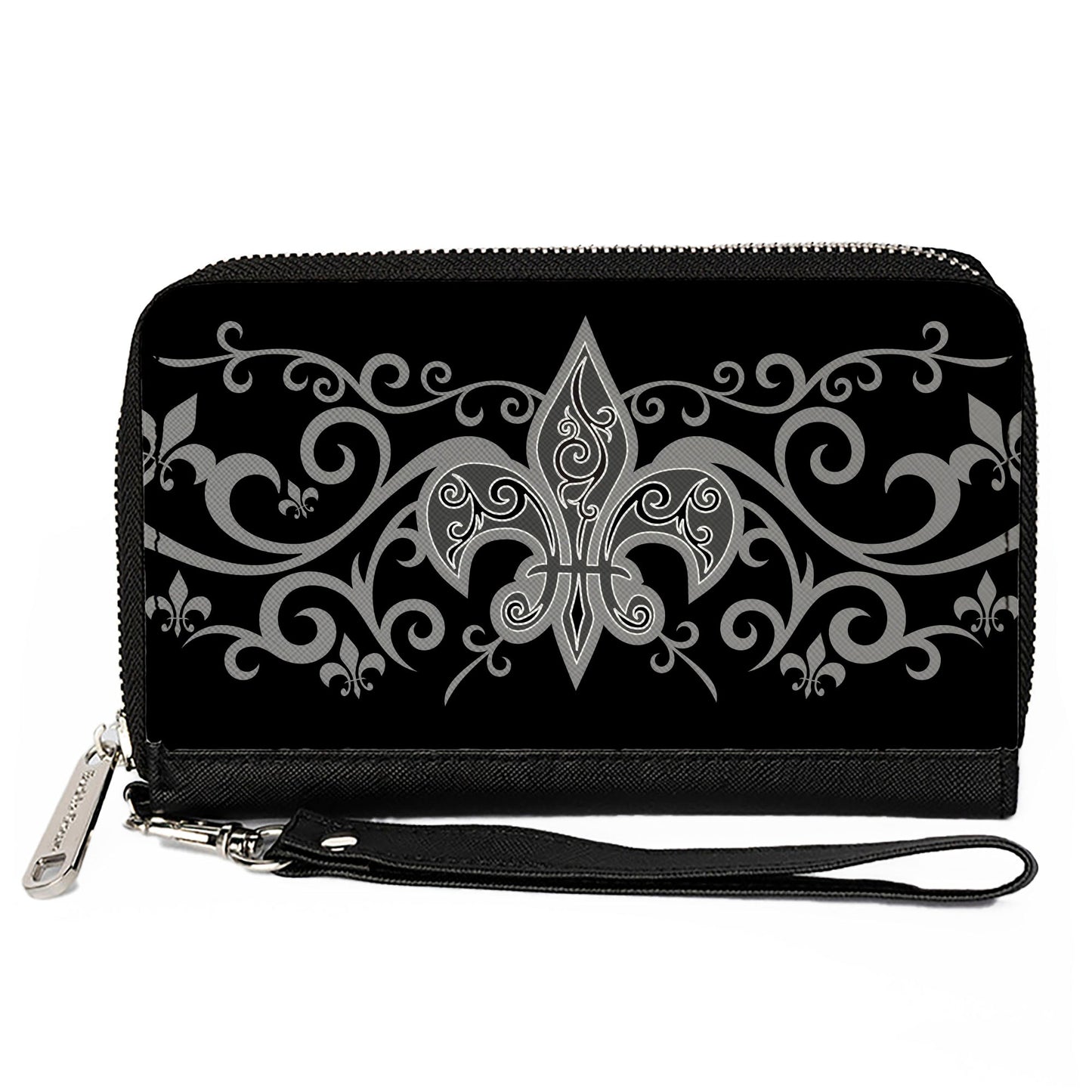 PU Zip Around Wallet Rectangle - Fleur-de-Lis w/Filigree Black/Gray