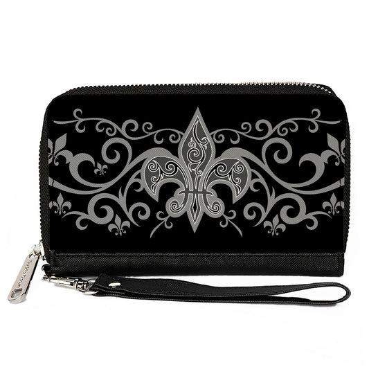 PU Zip Around Wallet Rectangle - Fleur-de-Lis w/Filigree Black/Gray