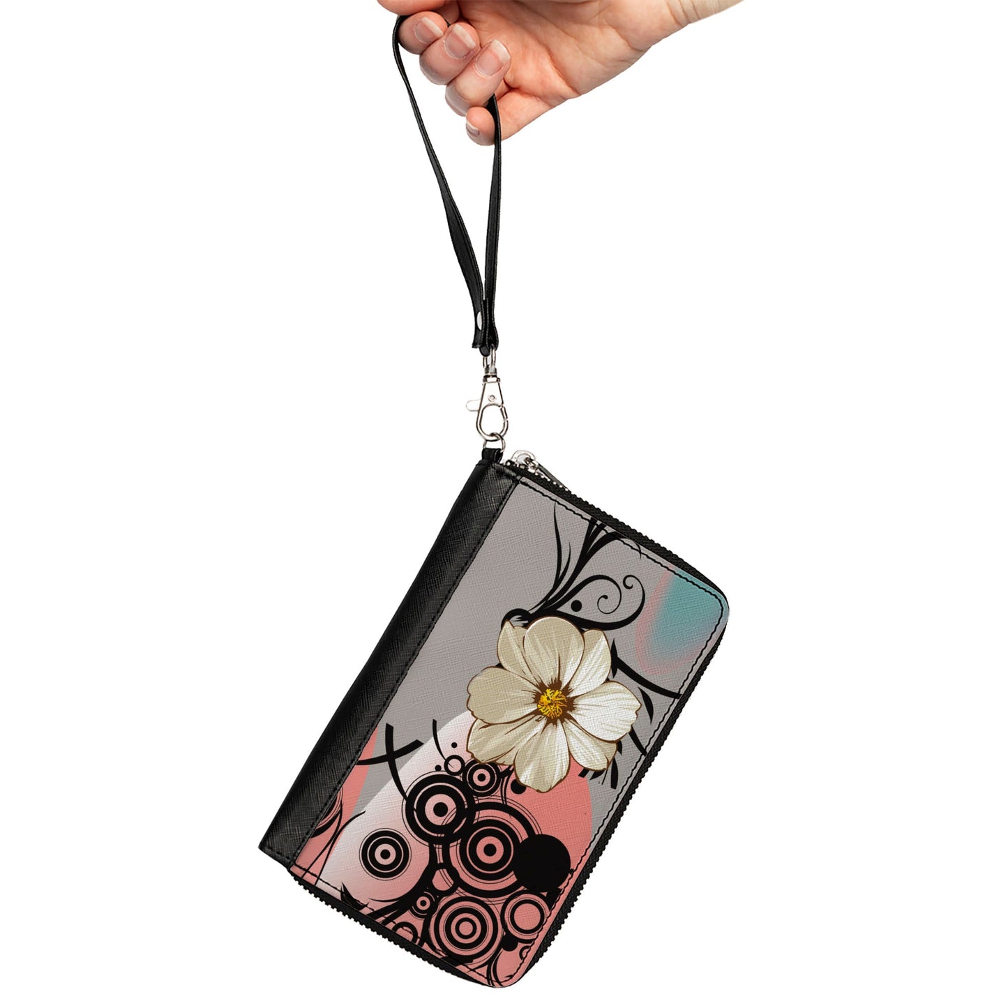 Women's PU Zip Around Wallet Rectangle - Flowers w Filigree Pink
