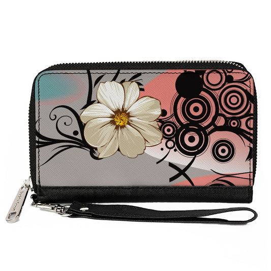 Women's PU Zip Around Wallet Rectangle - Flowers w Filigree Pink