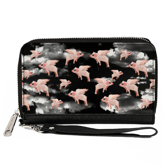 PU Zip Around Wallet Rectangle - Flying Pigs Black/White/Pink