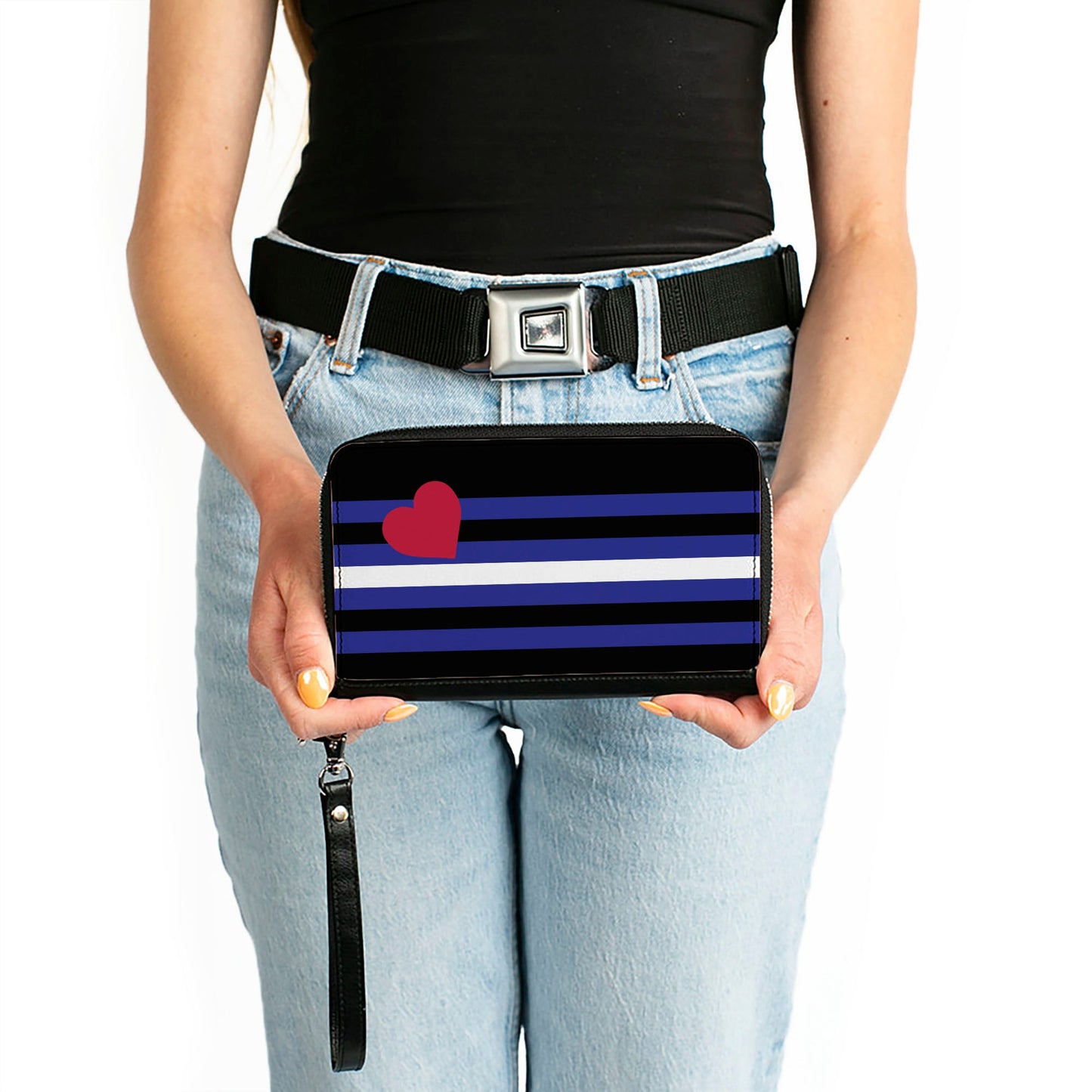Women's PU Zip Around Wallet Rectangle - Flag Leather Black Blue Red White