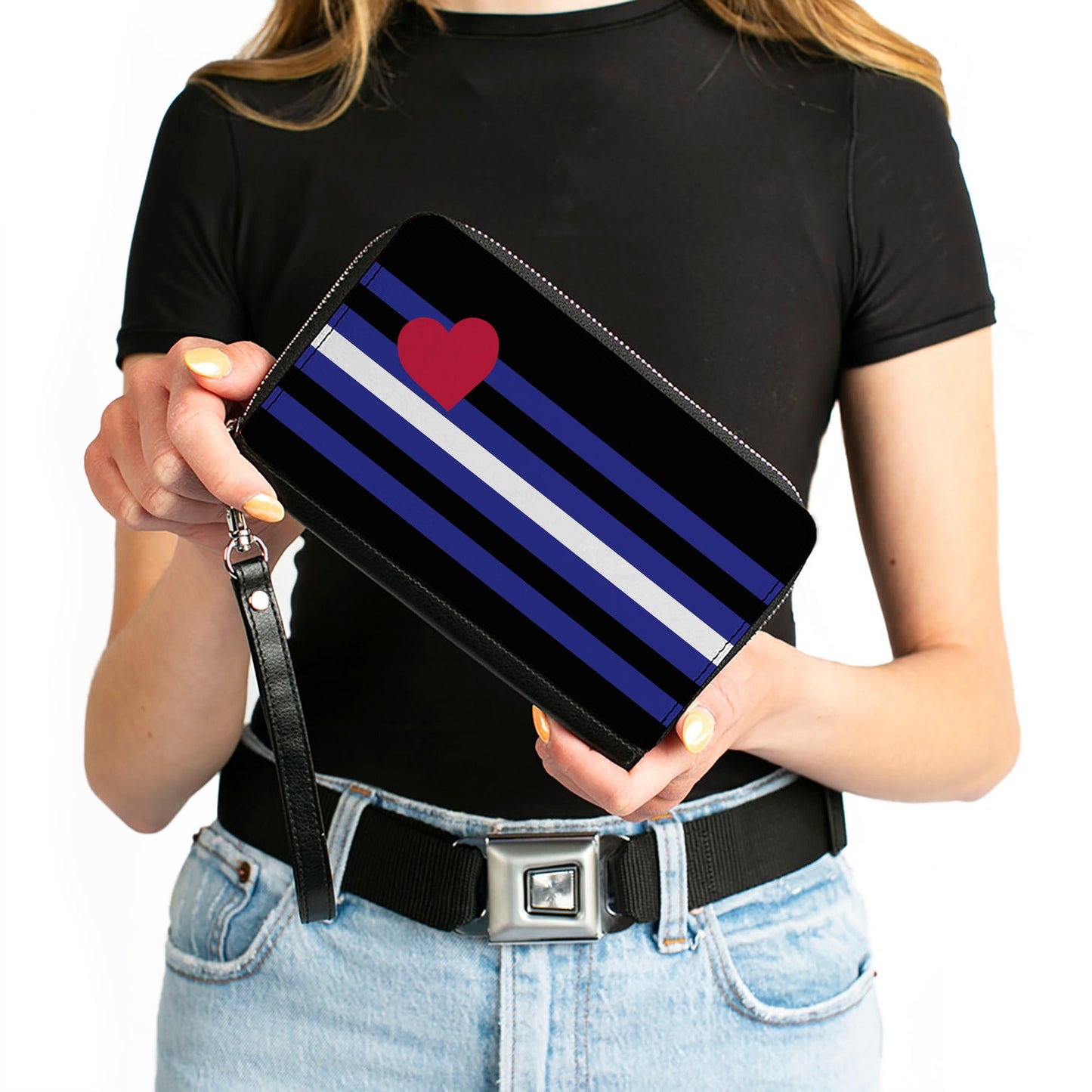 Women's PU Zip Around Wallet Rectangle - Flag Leather Black Blue Red White