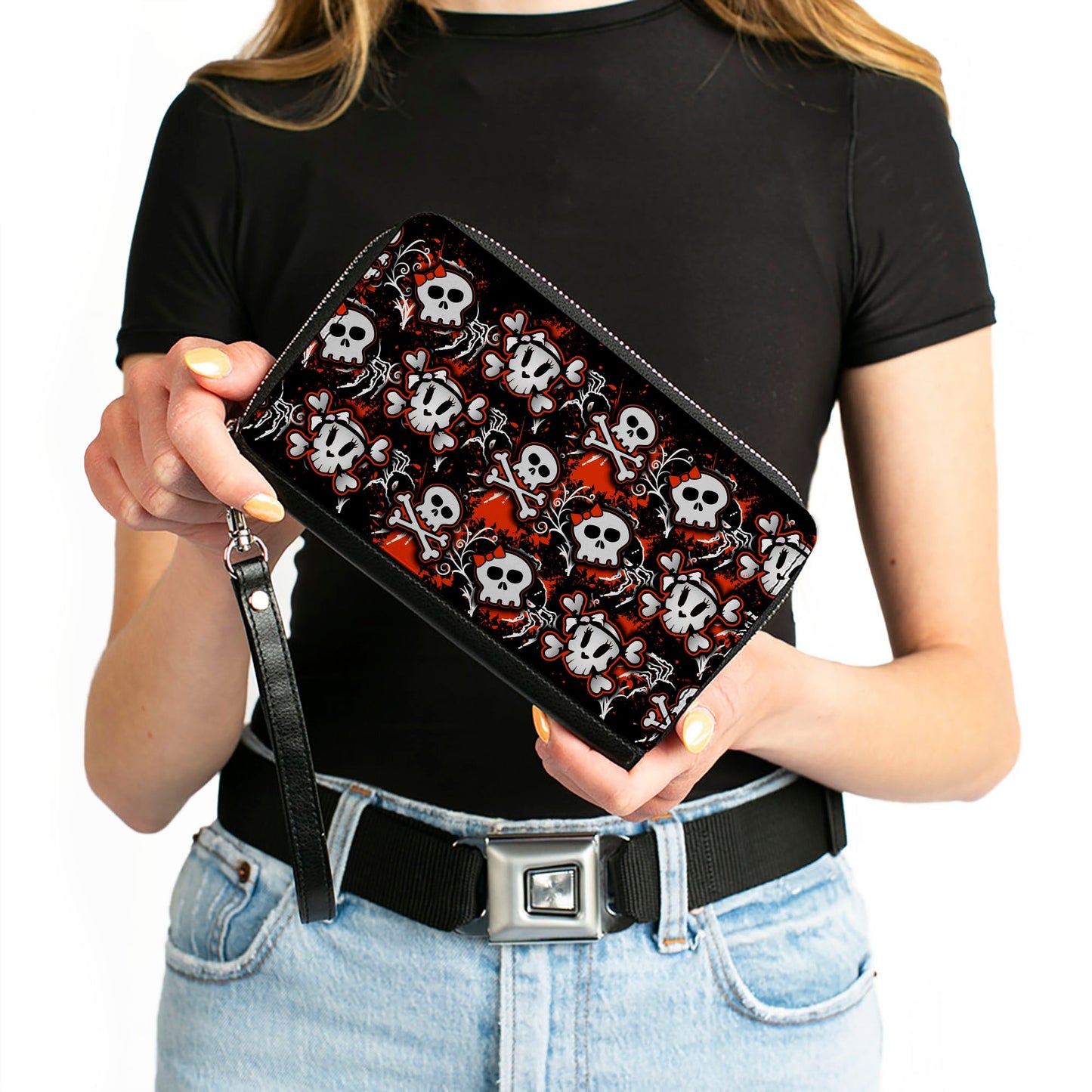 PU Zip Around Wallet Rectangle - Girlie Skull Black/Red