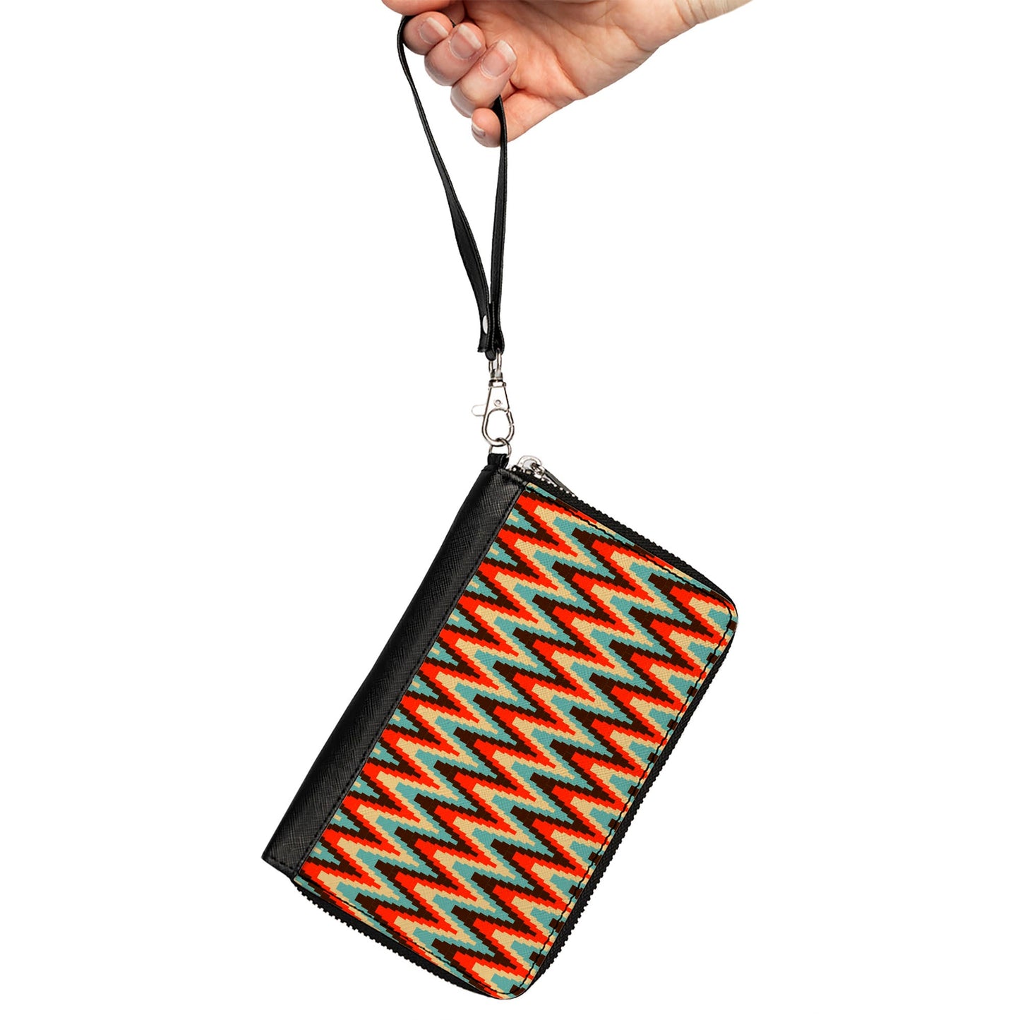PU Zip Around Wallet Rectangle - Jagged Zig Zag Brown/Aqua/Cream/Red