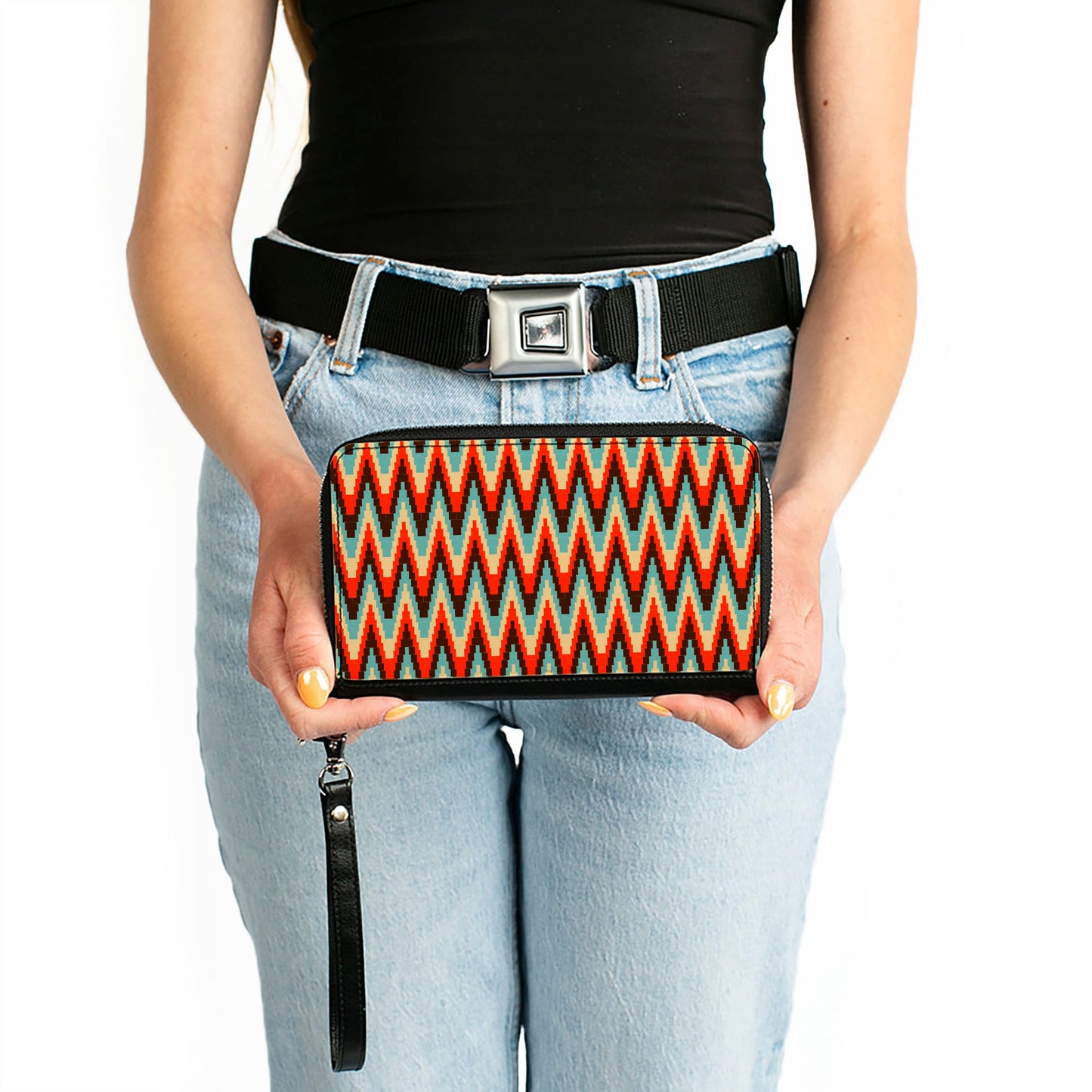 PU Zip Around Wallet Rectangle - Jagged Zig Zag Brown/Aqua/Cream/Red
