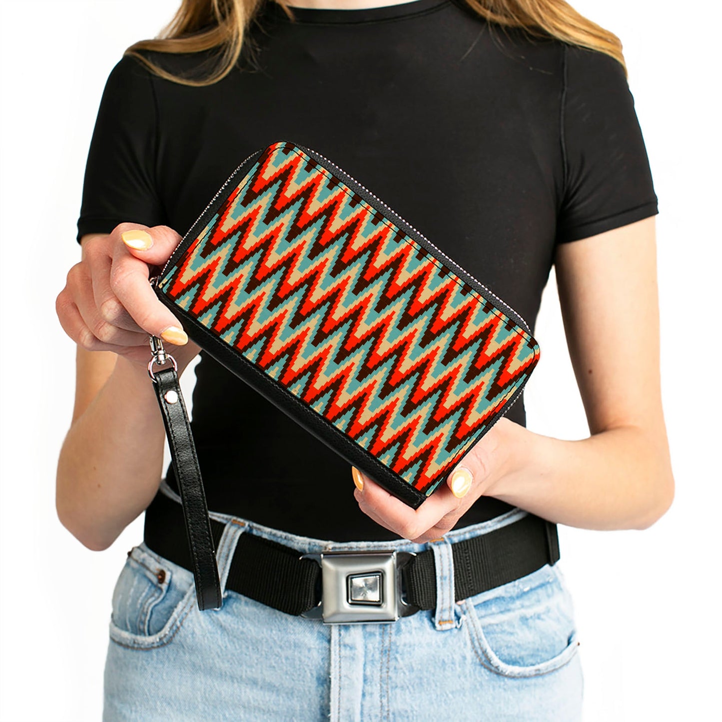 PU Zip Around Wallet Rectangle - Jagged Zig Zag Brown/Aqua/Cream/Red