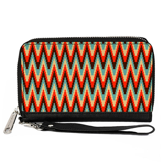 PU Zip Around Wallet Rectangle - Jagged Zig Zag Brown/Aqua/Cream/Red