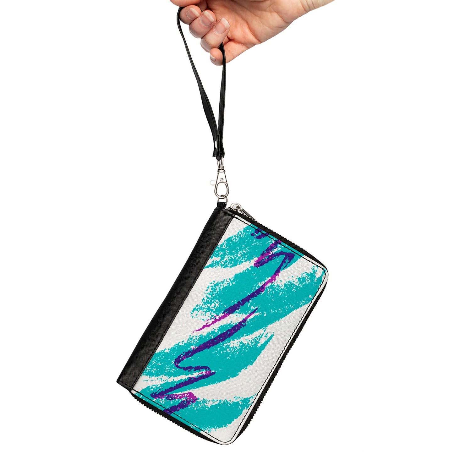 Women's PU Zip Around Wallet Rectangle - Jazzy Wave Scribble White Teal Purple