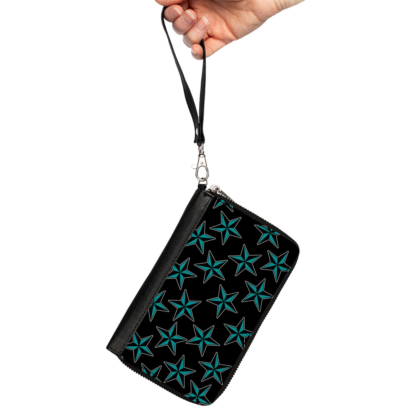 PU Zip Around Wallet Rectangle - Nautical Stars Scattered Black/Turquoise