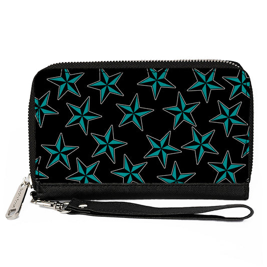 PU Zip Around Wallet Rectangle - Nautical Stars Scattered Black/Turquoise