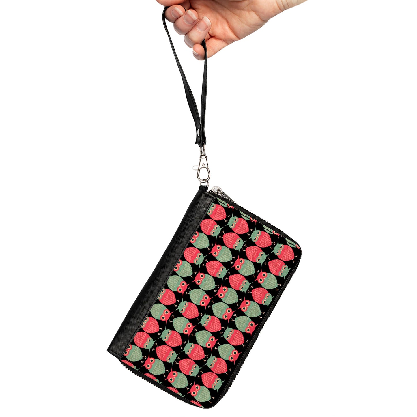 PU Zip Around Wallet Rectangle - Owls Flip Black/Mauve/Sage