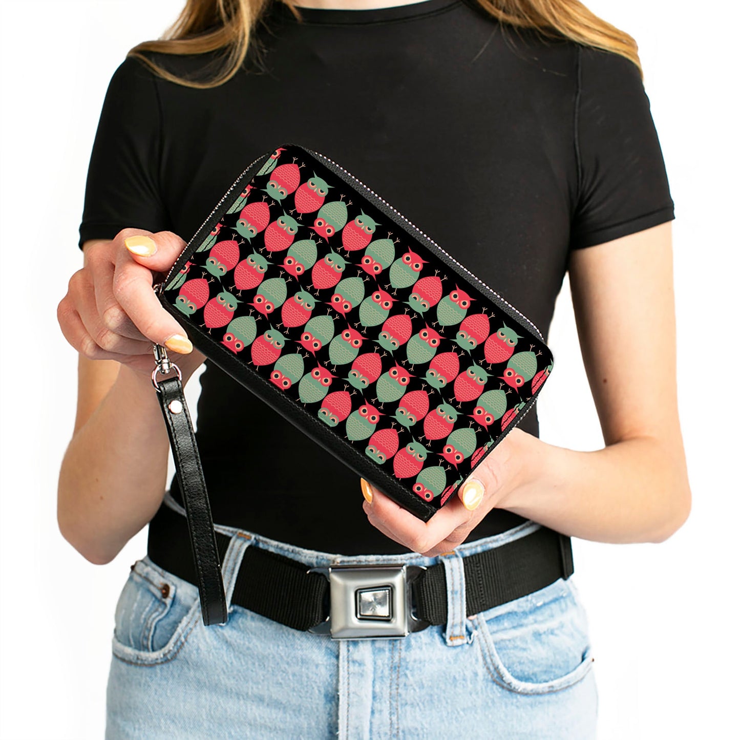 PU Zip Around Wallet Rectangle - Owls Flip Black/Mauve/Sage